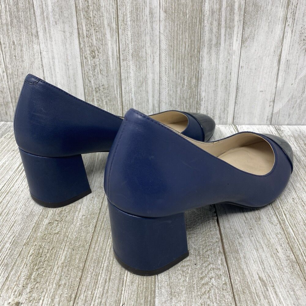Cole Haan Dawna Pumps Navy Blue Leather Block Heel Cap Toe Black Shoes Size 6 B - Picture 4 of 11
